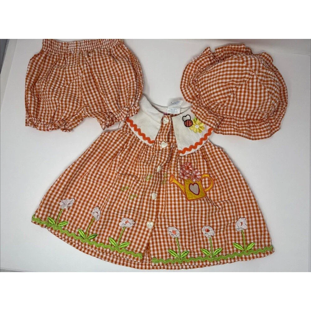 Vintage Cradle Togs Baby Girl Orange Gingham Dress Flower Bee Outfit w/ hat 12M